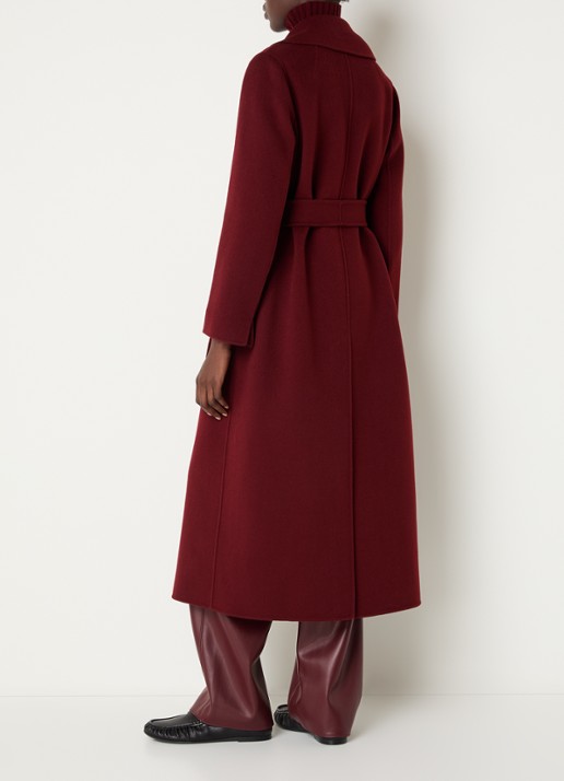 Max Mara Poldo mantel van scheerwol met steekzakken en strikceintuur - achterkant donkerrood