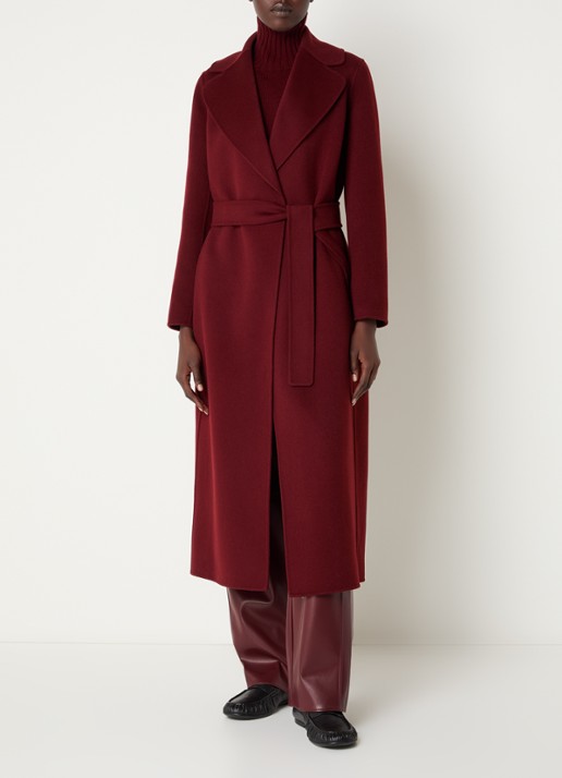 Max Mara Poldo mantel van scheerwol met steekzakken en strikceintuur - detail 4 donkerrood