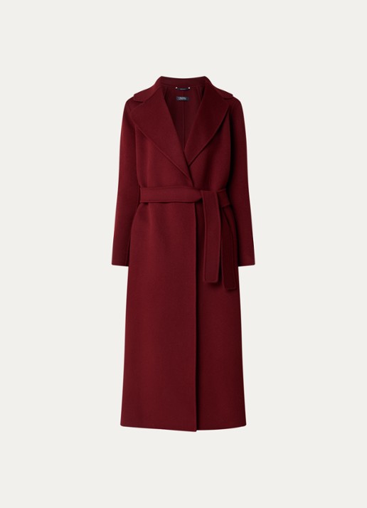 Max Mara Poldo mantel van scheerwol met steekzakken en strikceintuur - voorkant 2 donkerrood