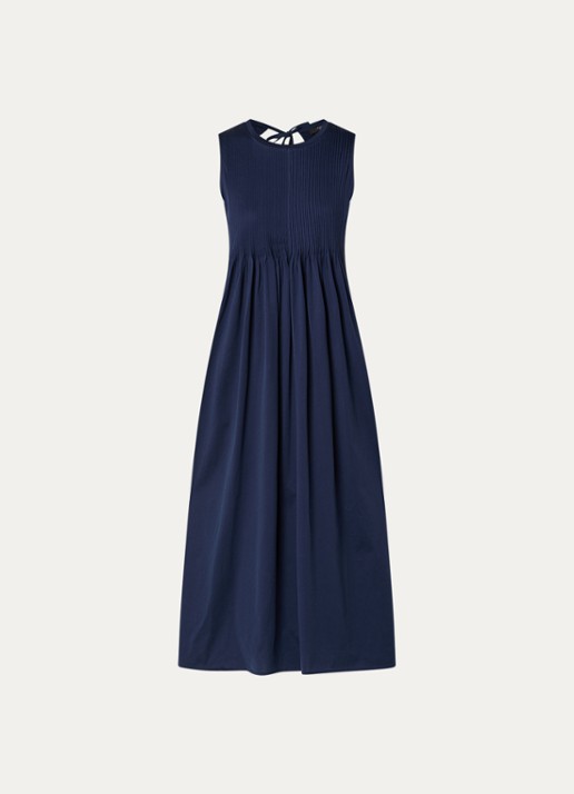 Max Mara Ricordo midi jurk met smockwerk - voorkant 2 donkerblauw