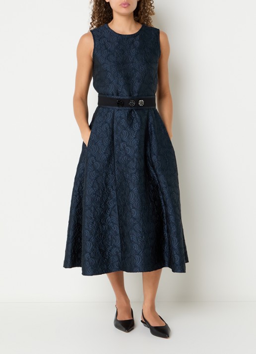 Max Mara Sax midi A-lijn jurk met strikceintuur en jacquard dessin - detail donkerblauw