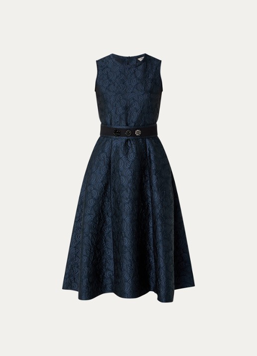 Max Mara Sax midi A-lijn jurk met strikceintuur en jacquard dessin - voorkant 3 donkerblauw