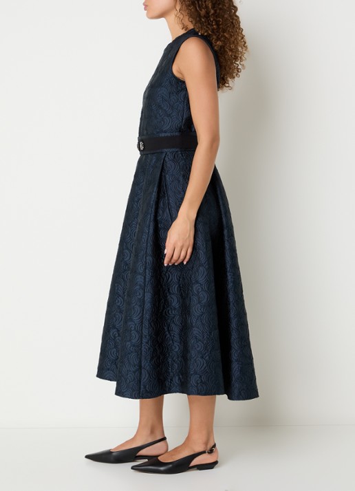 Max Mara Sax midi A-lijn jurk met strikceintuur en jacquard dessin - voorkant 4 donkerblauw
