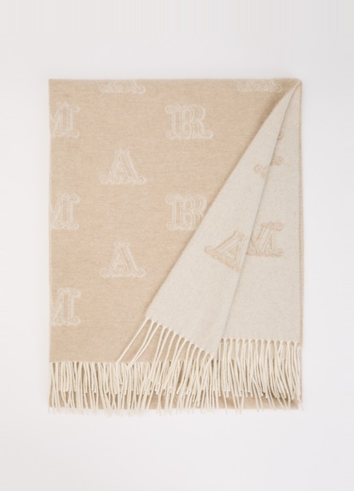 Max Mara Sjaal van kasjmier met logoprint en franjes 180 x 70 cm - voorkant beige