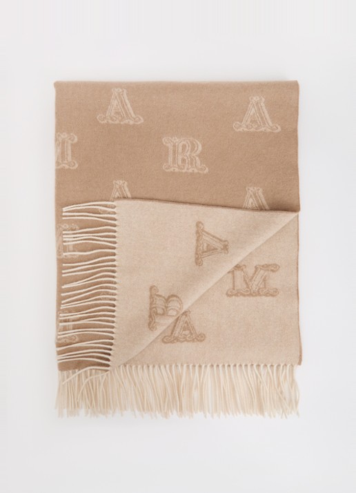Max Mara Sjaal van kasjmier met logoprint en franjes 180 x 70 cm - voorkant camel