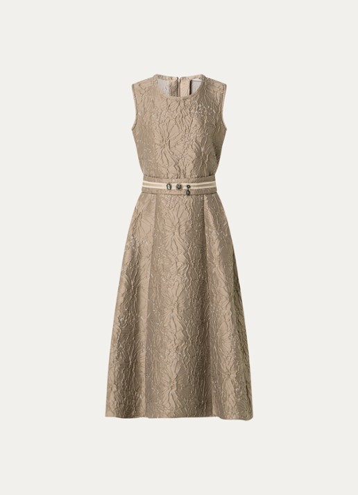 Max Mara Skipper midi jurk met bloemborduring en ceintuur - voorkant donkerbeige