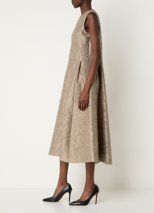 Max Mara Skipper midi jurk met bloemborduring en ceintuur - voorkant 2 donkerbeige