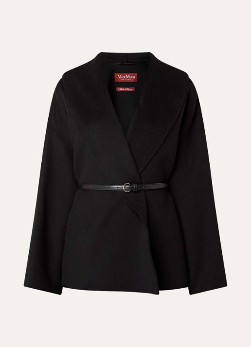 Max Mara Sughero mantel in kasjmierblend met ceintuur en steekzakken - voorkant zwart