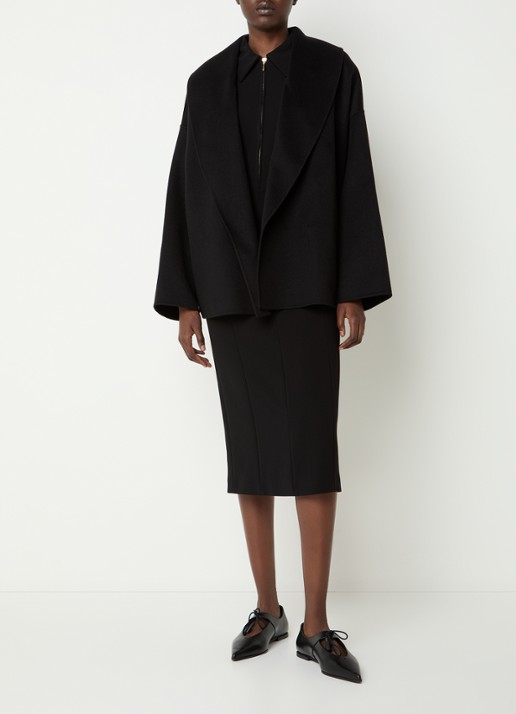 Max Mara Sughero mantel in kasjmierblend met ceintuur en steekzakken - voorkant 2 zwart