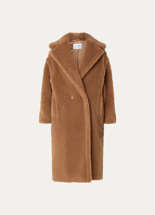 Max Mara Teddy double breasted mantel van kamelenwol met steekzakken  - voorkant camel