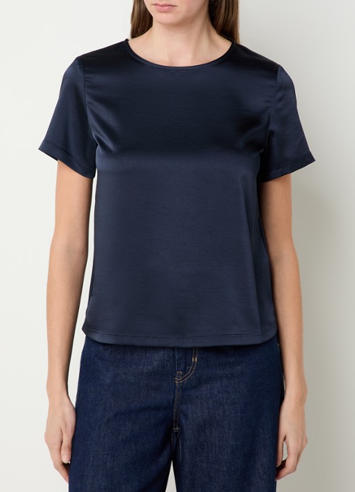 Max Mara Top van satijn met ronde hals - detail donkerblauw