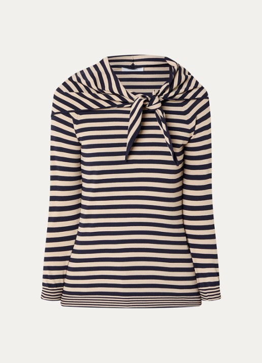 Max Mara Trui met sjaalkraag en streepprint - voorkant 3 donkerblauw