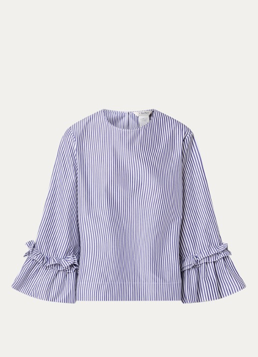 Max Mara Valzer tuniek met streepprint en trompetmouw - voorkant 3 lichtblauw