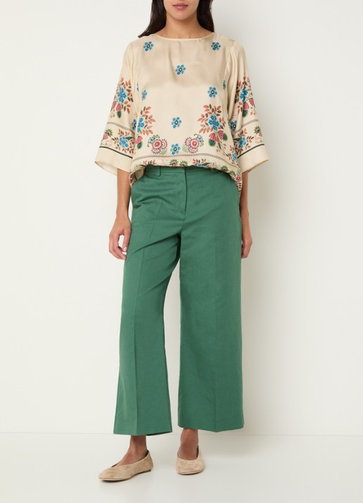 Max Mara Zircone high waist wide fit cropped pantalon in linnenblend - voorkant 3 groen