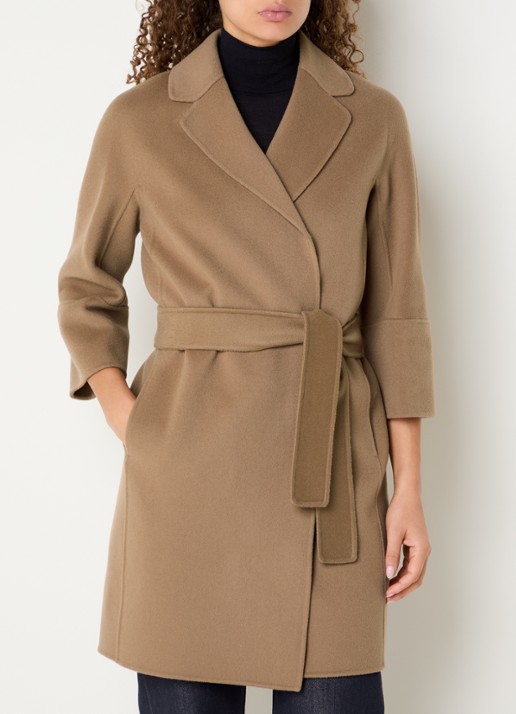 MaxMara Arona mantel van scheerwol met steekzakken en strikceintuur