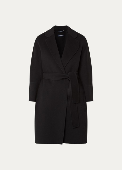MaxMara Arona mantel van scheerwol met strikceintuur - voorkant 2 zwart