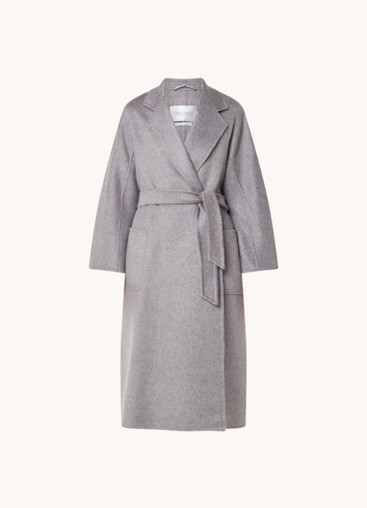 MaxMara Arona mantel van scheerwol met strikceintuur - voorkant 3 lichtgrijs