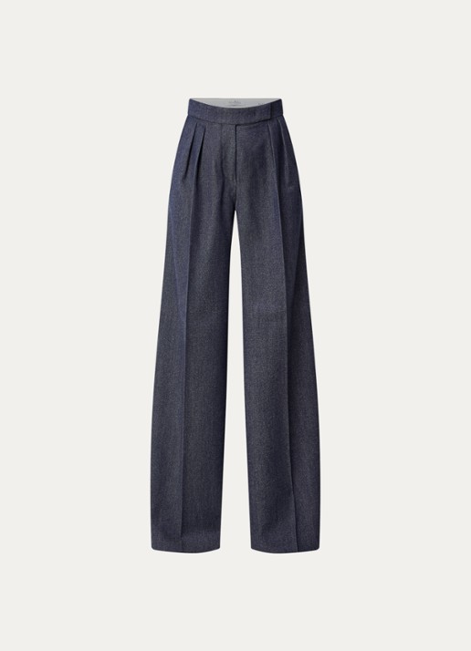 MaxMara Baden high waist wide fit pantalon van scheerwol met steekzakken - voorkant 3 donkerblauw
