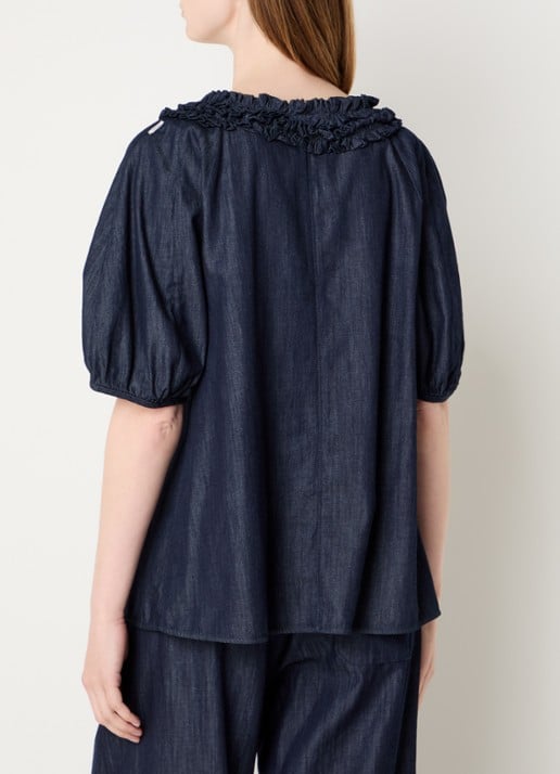MaxMara Catia tuniek van denim met ballonmouw en strass - achterkant indigo