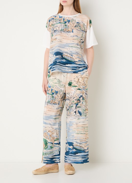 MaxMara Curva high waist straight fit broek van zijde met print - voorkant 4 lichtblauw