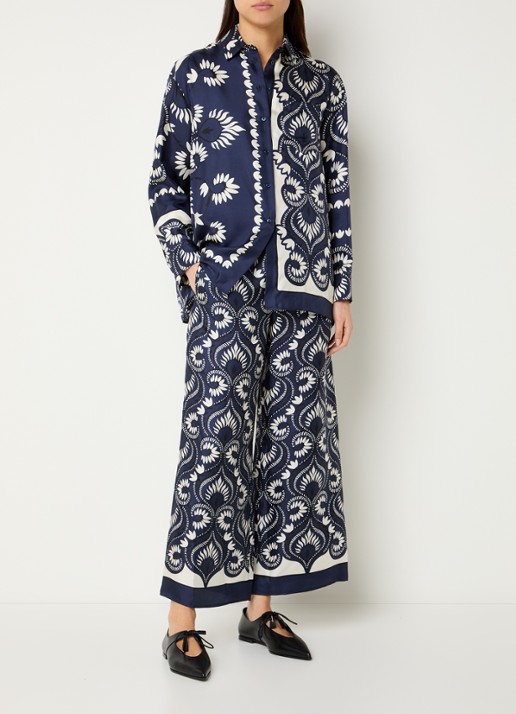 MaxMara Dottica high waist straight fit pantalon van zijde met print - voorkant 3 donkerblauw