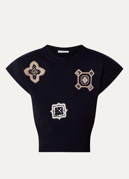 MaxMara Fijngebreide top in kasjmierblend met strass - voorkant 3 donkerblauw