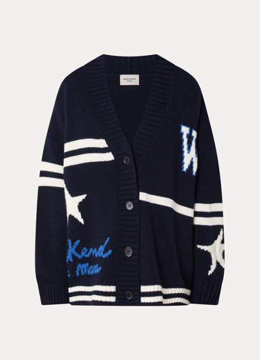 MaxMara Grofgebreid vest van wol met print - voorkant donkerblauw