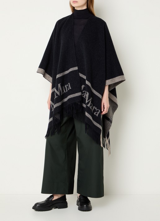 MaxMara Hilde poncho van wol met logoprint - detail 3 donkerblauw