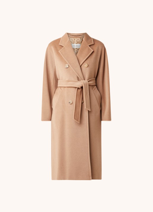 MaxMara Madame mantel in wolblend met strikceintuur - voorkant 2 camel