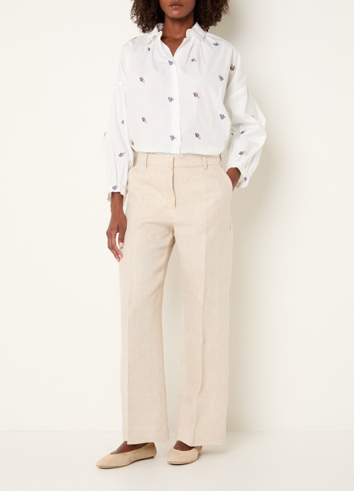 MaxMara Malizia high waist wide fit pantalon van linnen - voorkant 3 gebroken wit