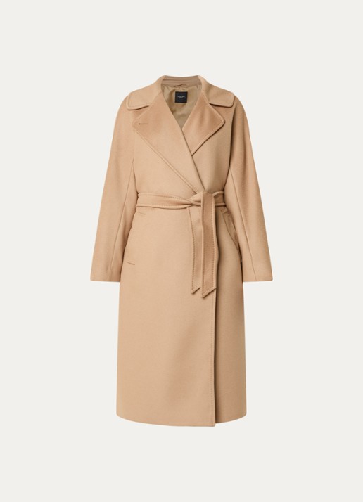 MaxMara Mantel van wol met strikceintuur - voorkant camel