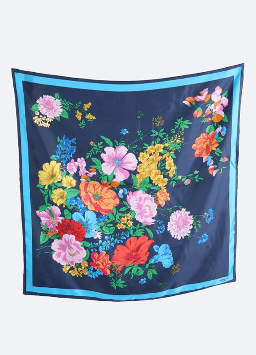 MaxMara Sjaal van zijde met bloemprint 90 x 90 cm - detail 2 royalblauw
