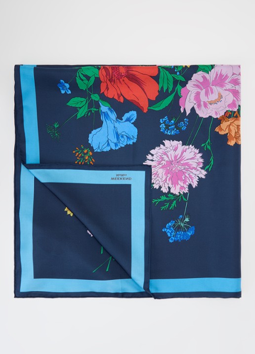 MaxMara Sjaal van zijde met bloemprint 90 x 90 cm - voorkant royalblauw