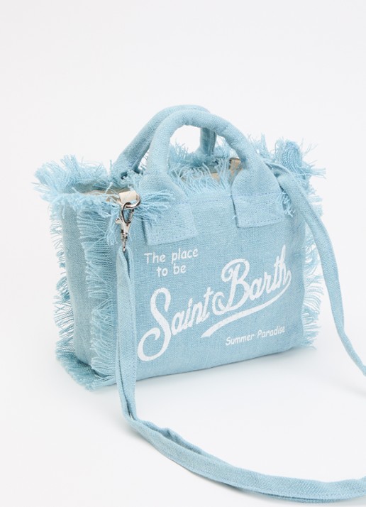 MC2 Saint Barth Vanity Mini handtas van linnen met afneembare schouderriem - achterkant lichtblauw