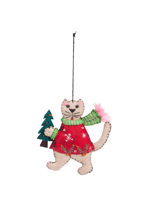 Meander Kat met kerstboom kersthanger 11 cm