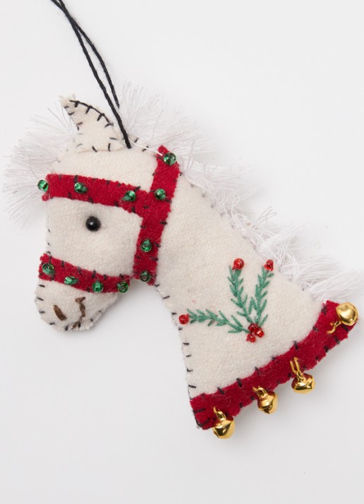 Meander Paard met hulst kersthanger 10 cm - detail wit