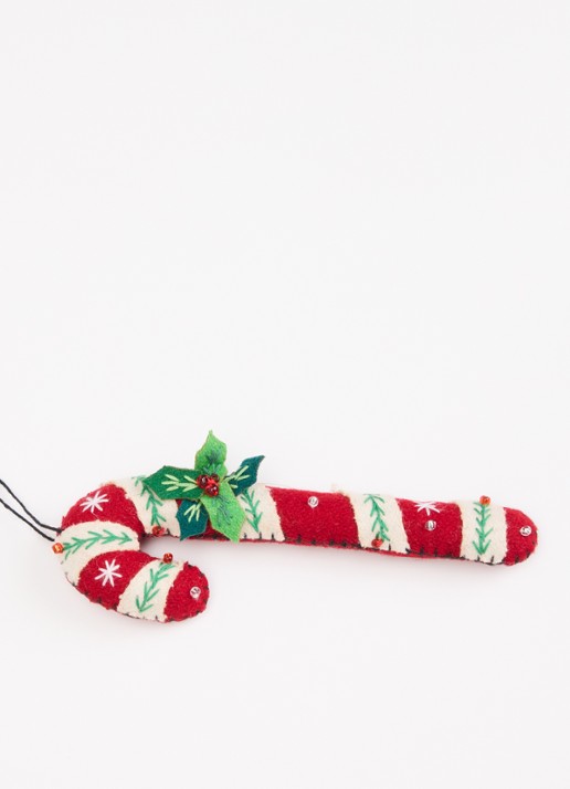 Meander Zuurstok met hulst kersthanger 14,5 cm - detail 2 rood