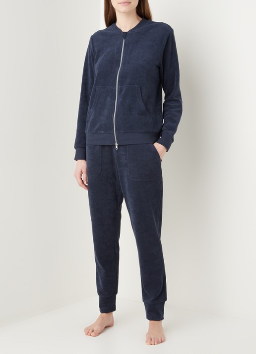 Mey Dunja mid waist tapered fit loungebroek van badstof - voorkant 3 donkerblauw