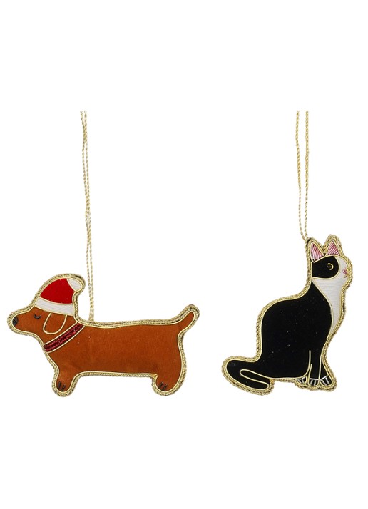 Mica Decorations Kat en hond kersthanger 10 cm set van 2