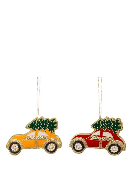 Mica Decorations Kerstboom op auto kersthanger 11 cm set van 2