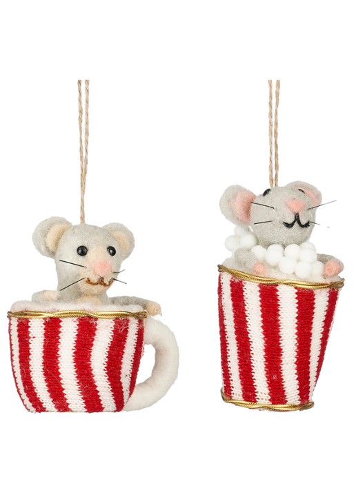 Mica Decorations Muis in beker kersthanger 11 cm set van 2 - voorkant lichtgrijs