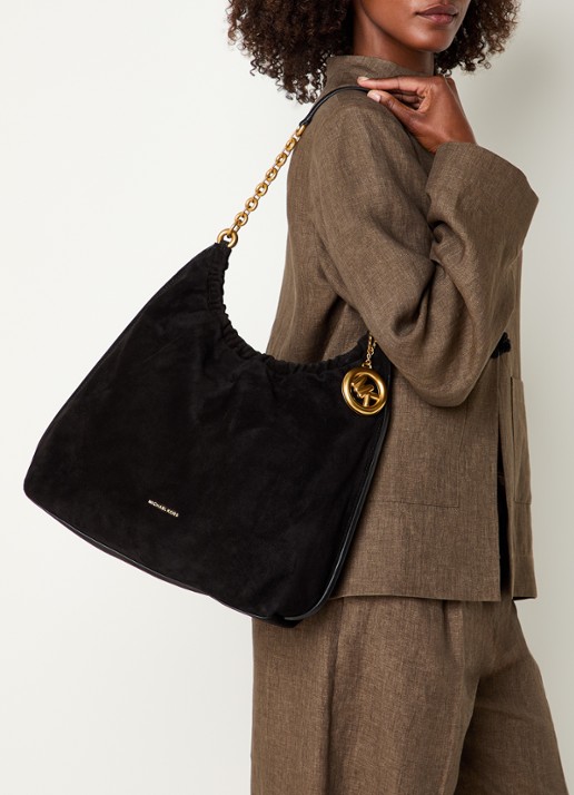 Michael Kors Indie schoudertas van suéde met kettingdetail  - voorkant 5 zwart