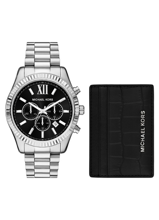 Michael Kors Lexington horloge en pasjeshouder set van 2 MK1091SET - voorkant zilver