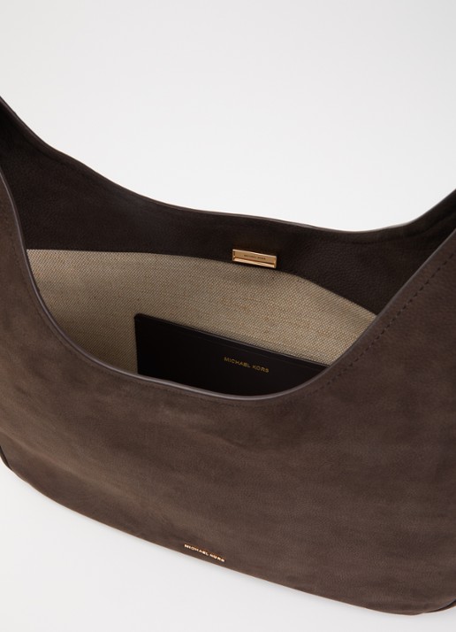 Michael Kors Nolita Large schoudertas van nubuck met verstelbare schouderriem - detail 4 donkerbruin
