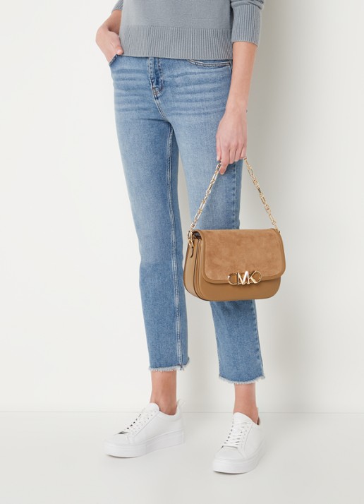 Michael Kors Parker crossbodytas van leer met suède details - voorkant 5 camel