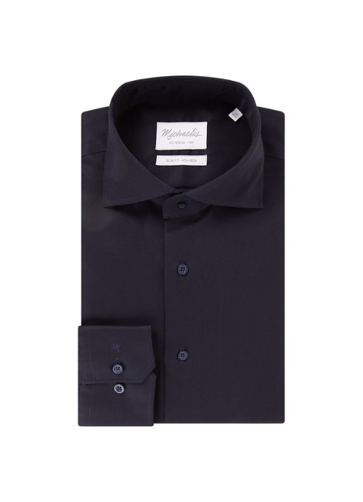 Michaelis Slim fit strijkvrij overhemd met cut away kraag - voorkant 3 donkerblauw