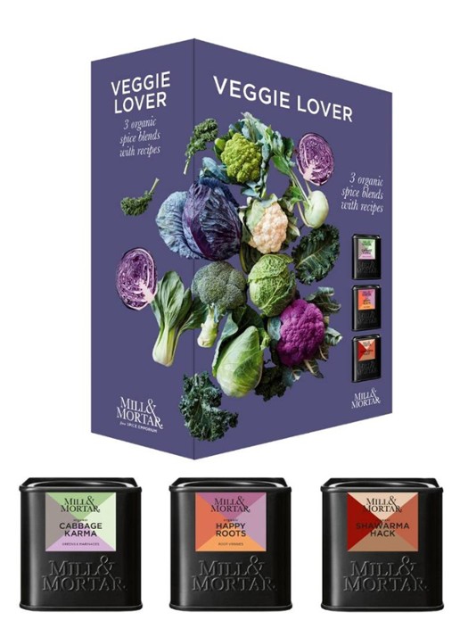 Mill & Mortar Veggie Lover kruidenmix in geschenkverpakking  - voorkant 3 paars