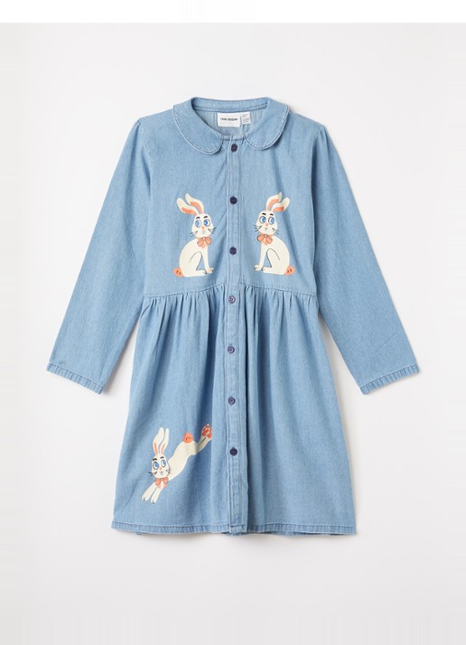 Mini Rodini Denim Rabbit blousejurk van denim met print