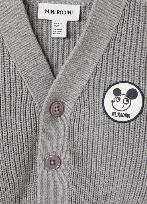 Mini Rodini Ritzrats grofgebreid vest met borduring - detail grijsmele