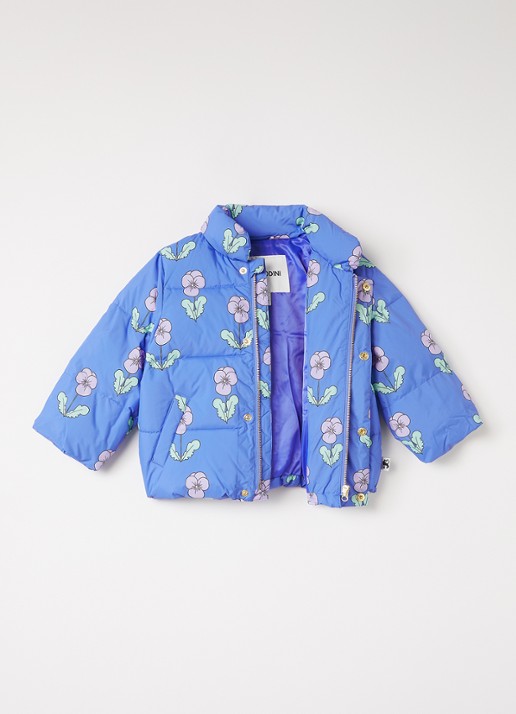 Mini Rodini Violas pufferjack met bloemenprint - voorkant 3 blauw